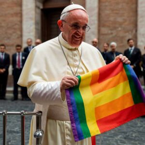 immagine AI di Papa Francesco con una bandiera lgbt+
